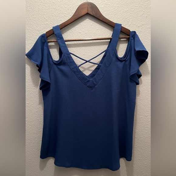 Blue Peek-a-boo/Off Shoulder Blouse - Picture 2 of 4
